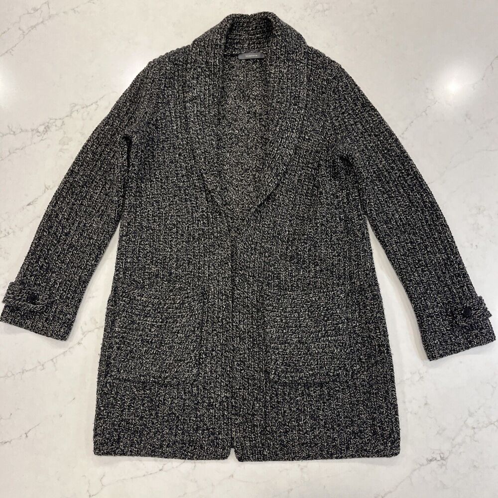 Liz Claiborne 100% Wool Sz M Long Open‎ Front Cardigan Pockets Heathered Black